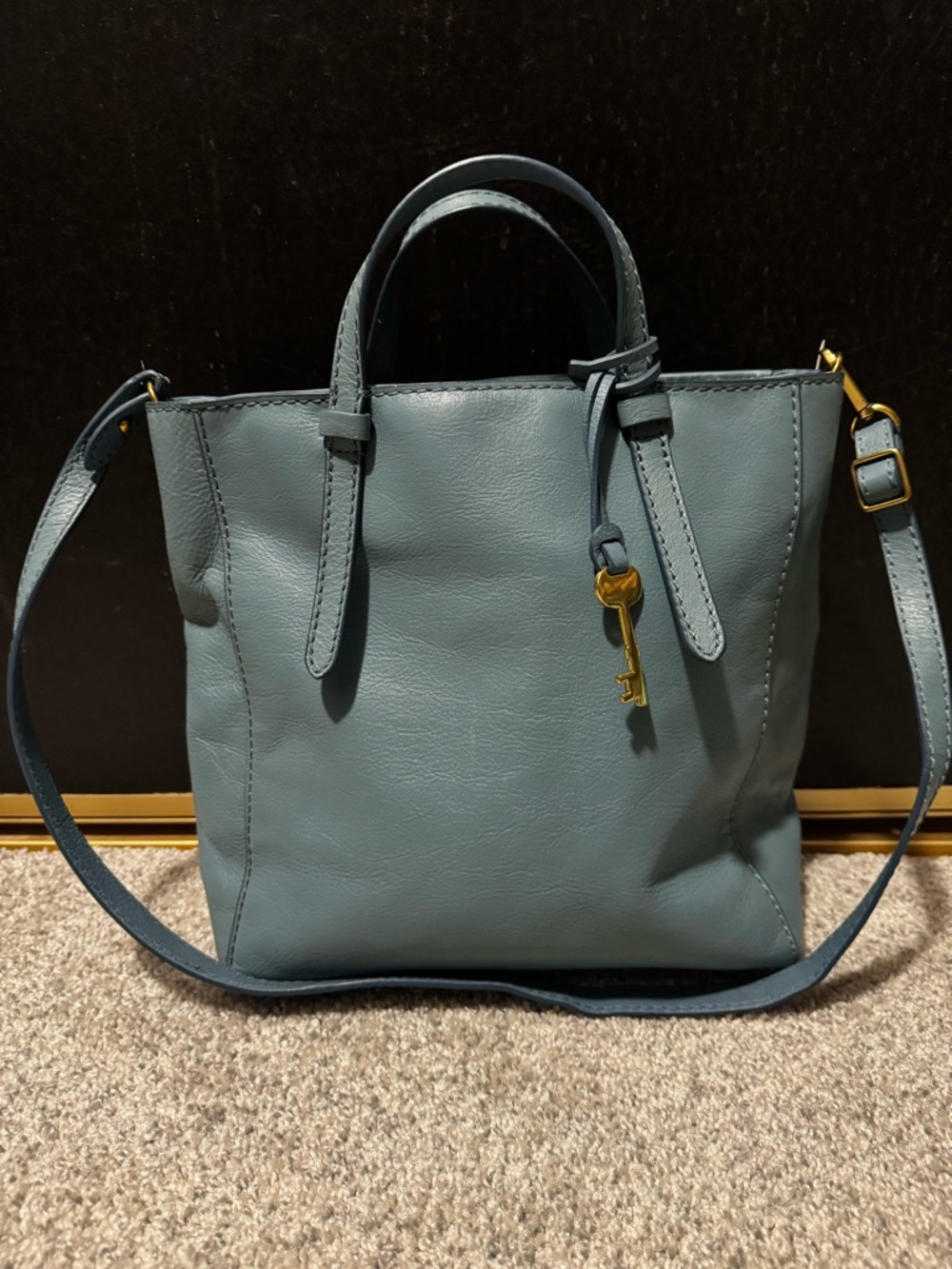 Fossil Slate Blue Leather Tote with Key Charm